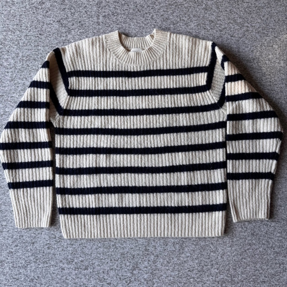 H&M Oversized Cream and Navy Striped Crewneck Sweater